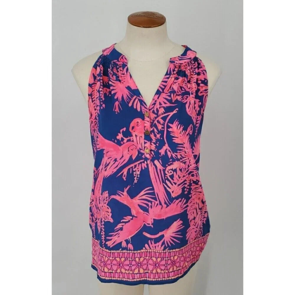 Lilly Pulitzer Silk Fushia Navy Bird Print Sleeveless Blouse High Low XS Preppy